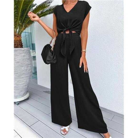 PRETTYGARDEN 2 Piece V Neck Crop Top Wide Leg Pant Set Summer Outfit Women - Picture 2 of 7